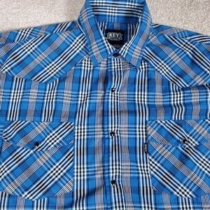 KEY Western Shirt Men's Size XLR Pearl Snaps Long Sleeve Blue Black Plaid